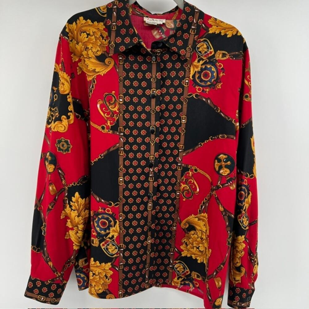 VTG Talbots 100% Silk Button Up Blouse Shirt Womens 16 Equestrian Horsebit Red